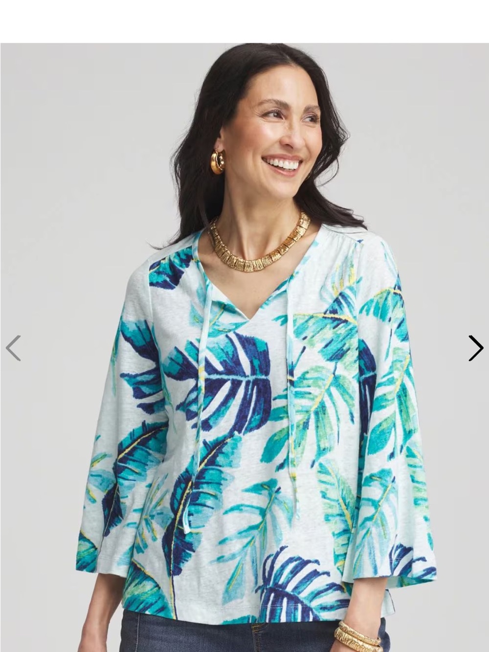 Chico's Tropical Leaf V-Neck Pullover in Aqua and Teal